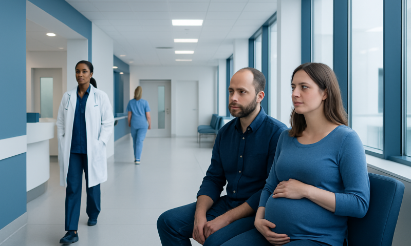 Pregnant woman and partner waiting in hospital corridor for prenatal care.