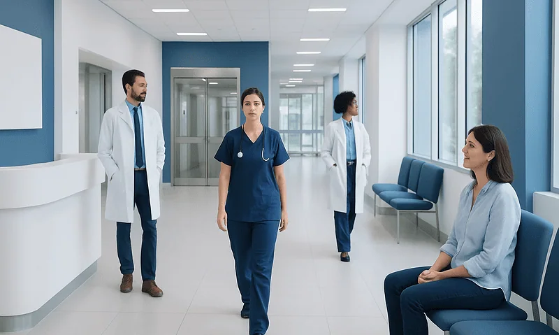 Healthcare professionals in a hospital corridor with a patient sitting nearby.