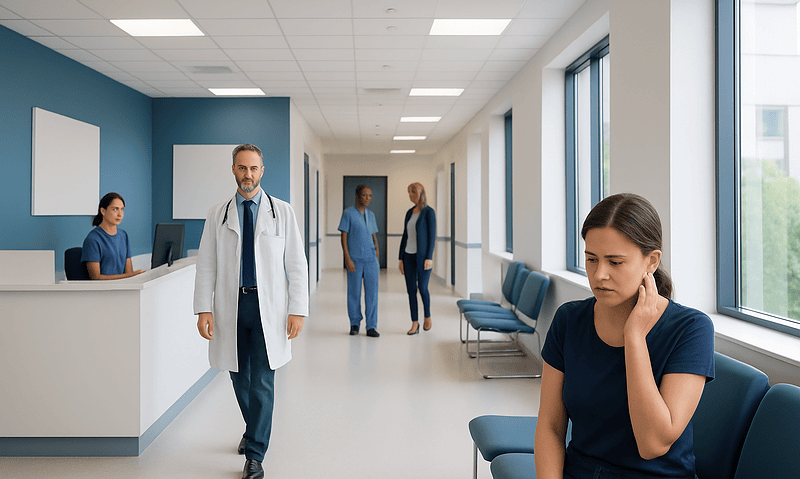 Young woman with ear pain in hospital corridor, healthcare professionals nearby.