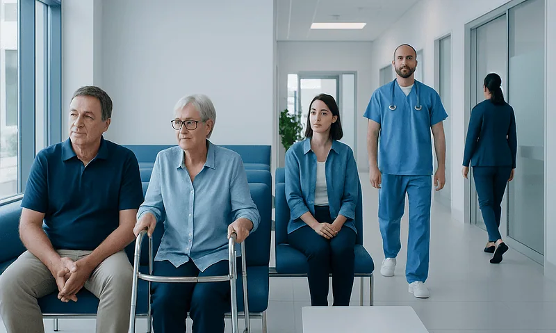 Patients waiting in a hospital corridor with medical staff nearby.