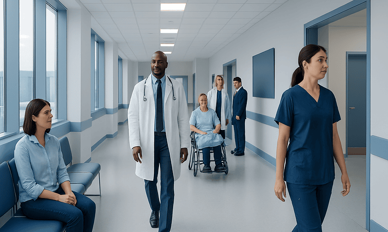 Medical team in hospital corridor with patients and staff.