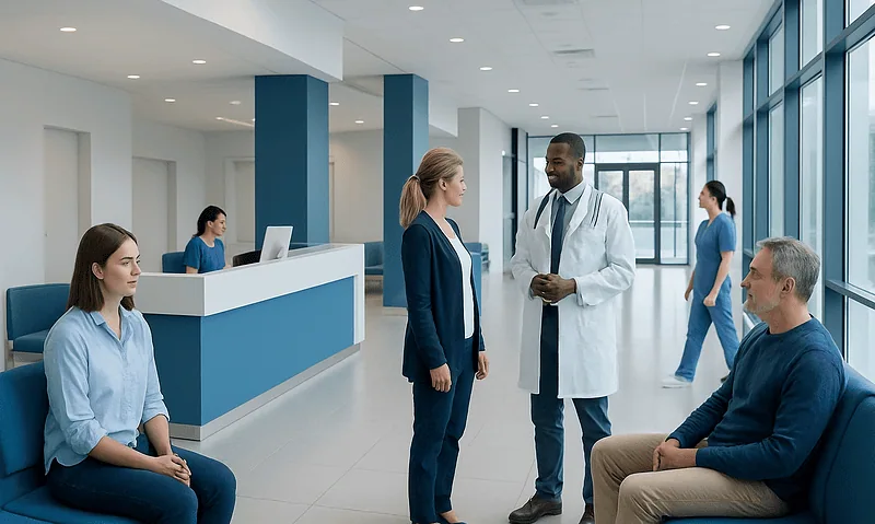 Hospital waiting area with medical staff and patients.