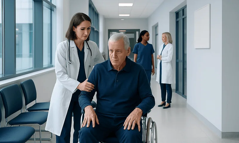 Leg Weakness: What Patients Need to Know 6 Doctor assisting elderly patient in wheelchair in hospital corridor.