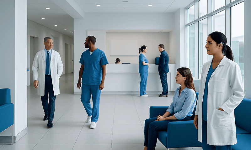 Hospital corridor with medical staff and patient in a modern healthcare facility.