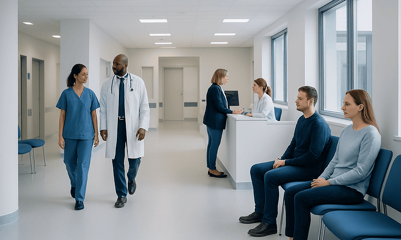 Modern hospital waiting area with medical staff and patients.