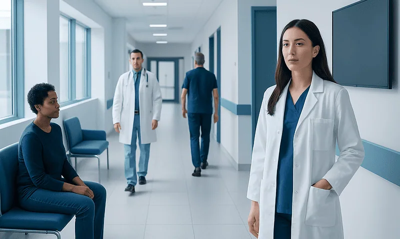 Medical professionals and patient in hospital corridor at Acibadem Hospitals Group.