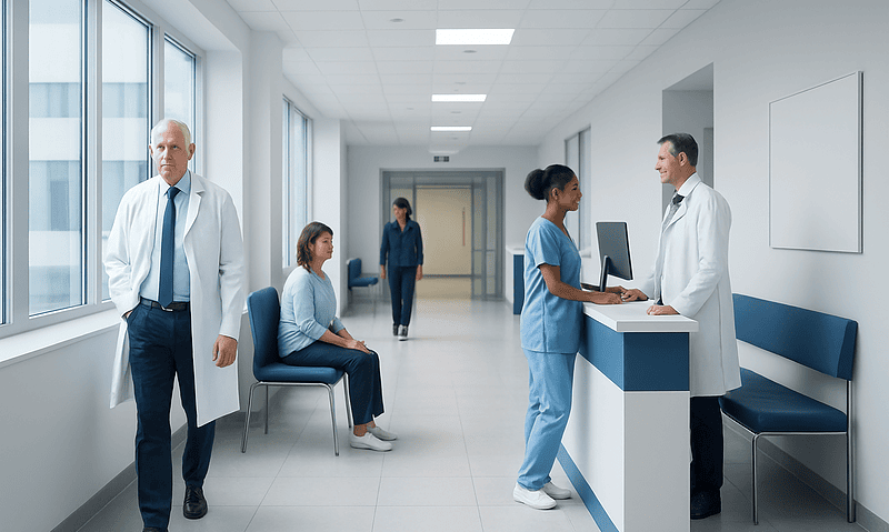 Hospital corridor with medical staff and patients in a modern healthcare facility.