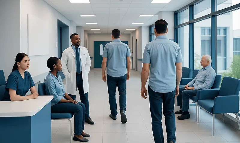 Medical team and patients in a hospital corridor at Acibadem Hospitals Group.