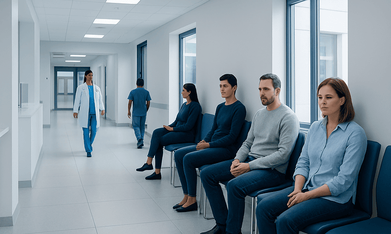 Patients waiting in a hospital corridor with medical staff nearby.