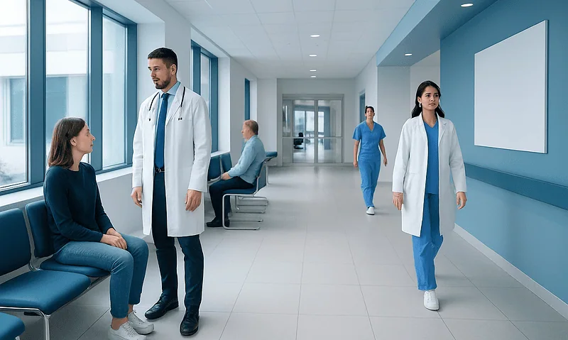 Doctors and patients in a modern hospital corridor at Acibadem Hospitals Group.