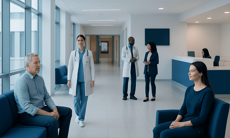 Patients and doctors in a modern hospital waiting area.