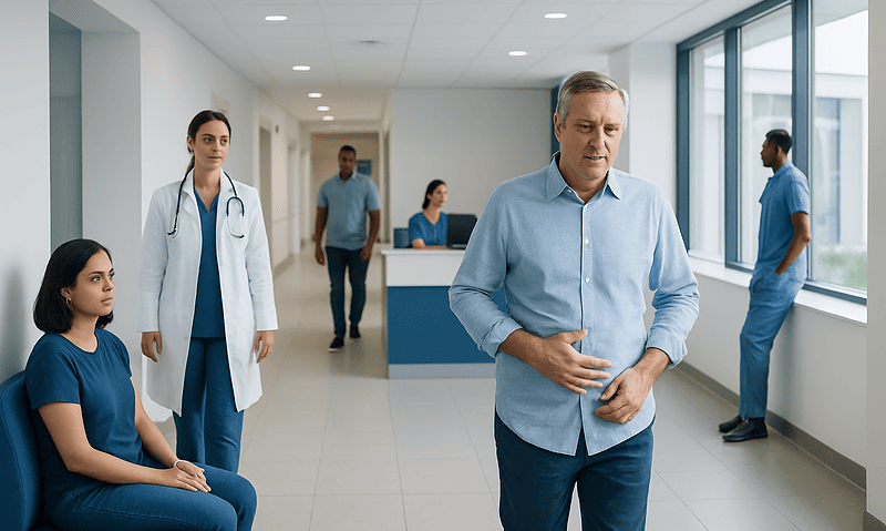 Doctor and patients in a hospital corridor at Acibadem Hospitals Group.
