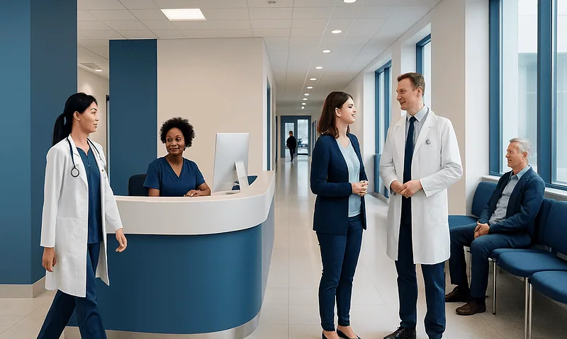Medical staff and patients in a hospital corridor at Acibadem Hospitals Group.