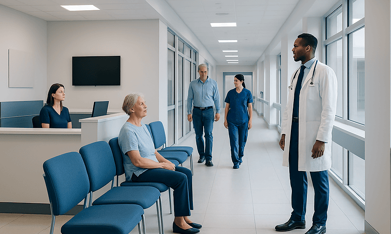 Doctor talking to elderly patient in hospital corridor with staff in background.