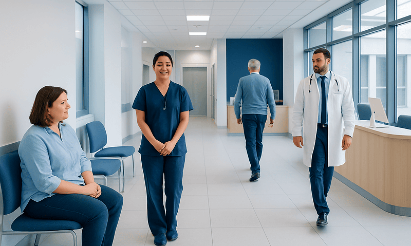 Healthcare professionals and patient in a modern hospital corridor.