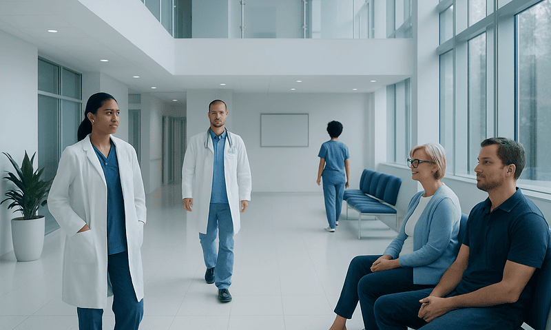 Medical team and patients in a modern hospital corridor.