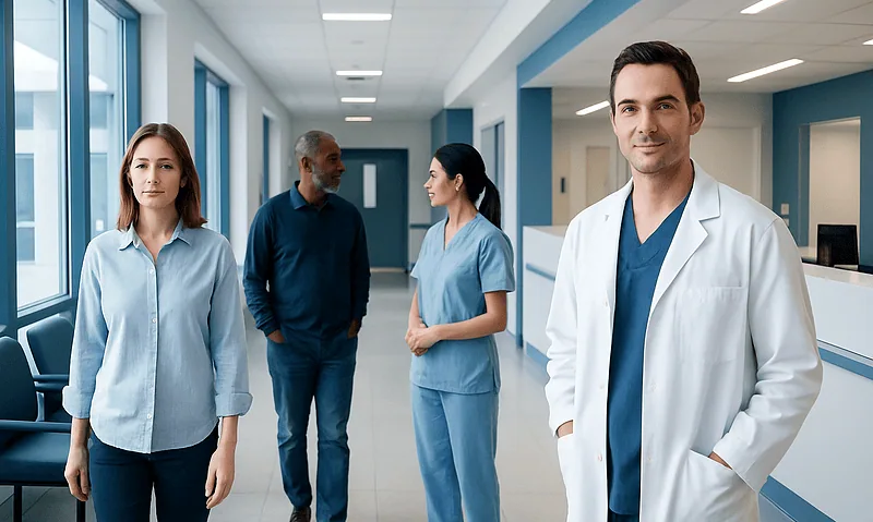 Medical team in hospital corridor with doctor and nurses.