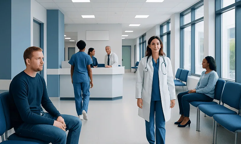 Medical professionals and patients in a modern hospital waiting area.