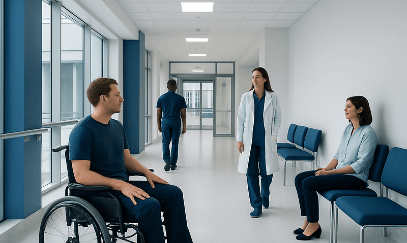 Hospital corridor with patients and medical staff in a modern healthcare facility.