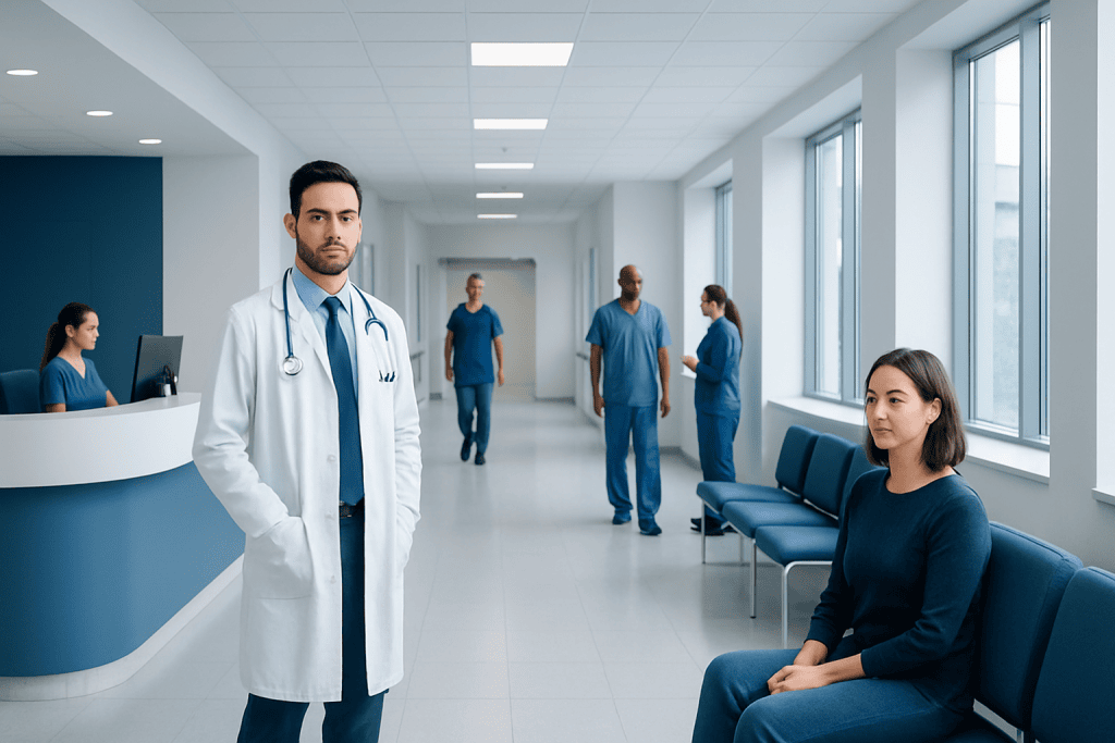 Nocebo Effect: A Complete Medical Overview 1 Medical professionals and patients in a modern hospital corridor.