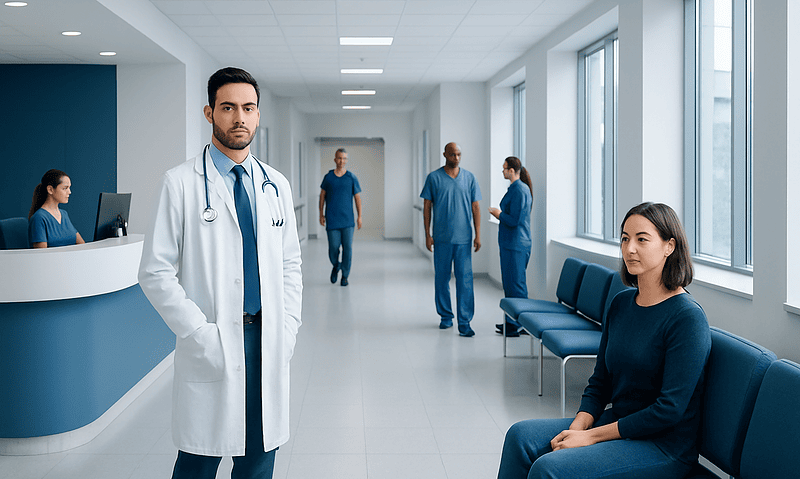 Medical professionals and patients in a modern hospital corridor.