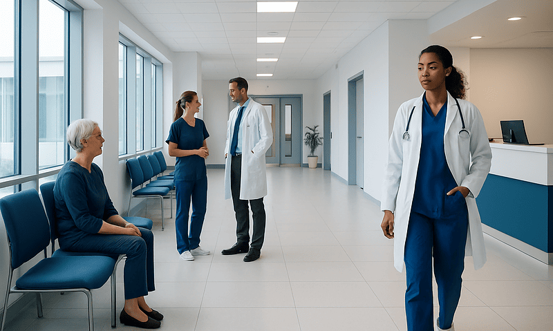 Healthcare professionals and patient in a modern hospital corridor.