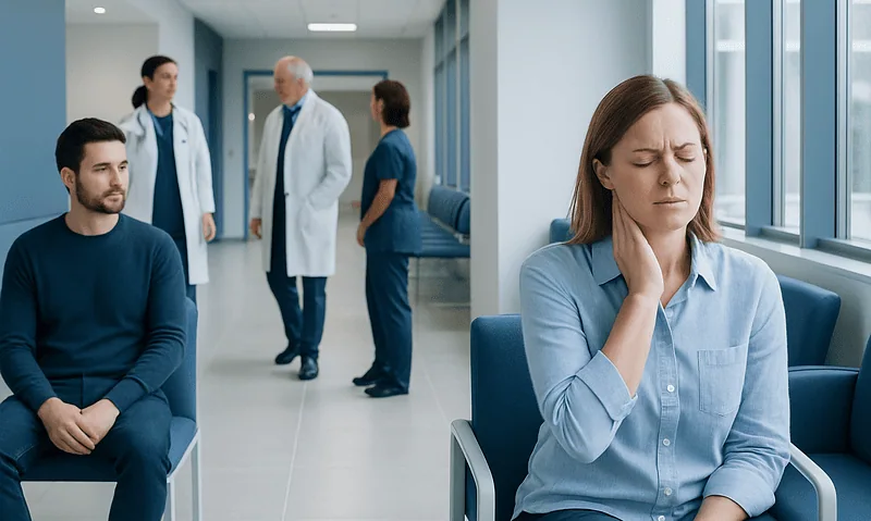 Patient experiencing neck pain in hospital waiting area.