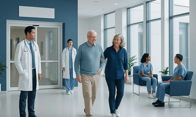 Hospital corridor with elderly couple and medical staff in a modern healthcare facility.