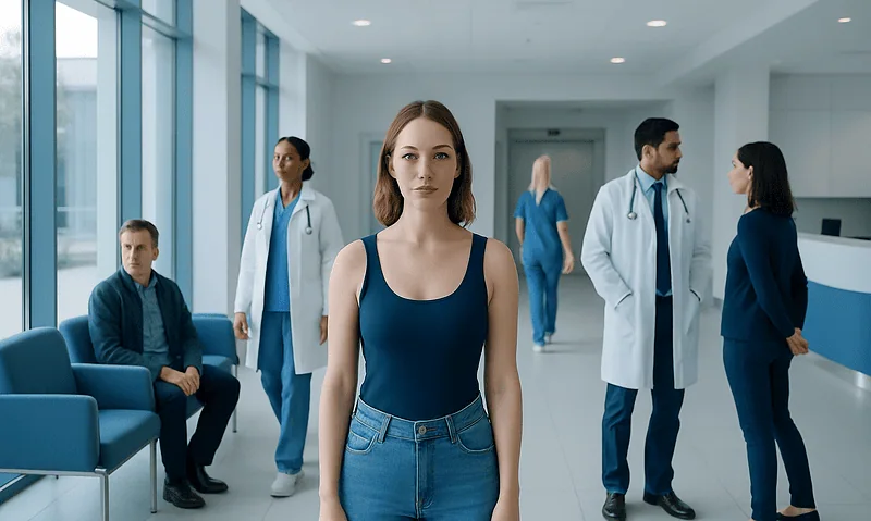 Young woman waiting in hospital corridor with medical staff in background.