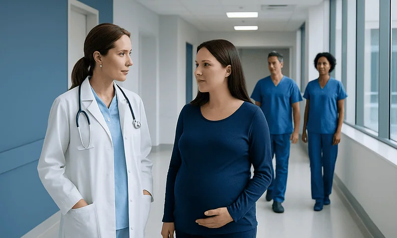 Pregnant woman consulting with a doctor in hospital corridor.