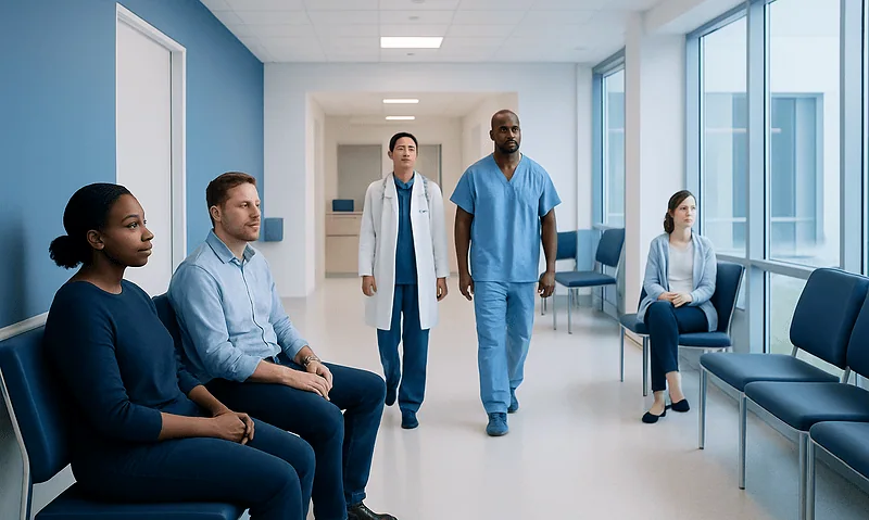 Medical team and patients in a hospital corridor at Acibadem Hospitals Group.