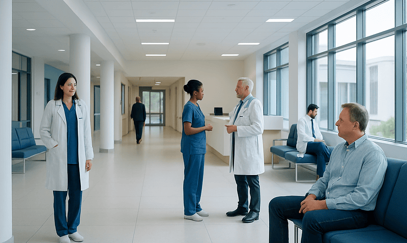 Healthcare professionals and patients in a modern hospital corridor.
