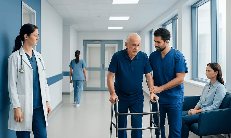 Elderly patient with walker receiving assistance from healthcare professionals in hospital corridor.