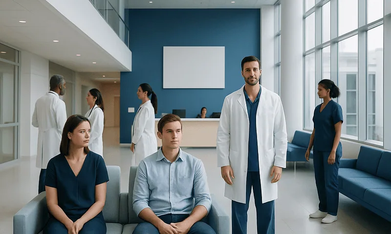 Medical team in hospital waiting area with patients and staff.