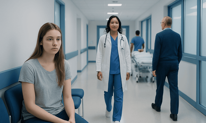 Young woman waiting in hospital corridor with medical staff nearby.