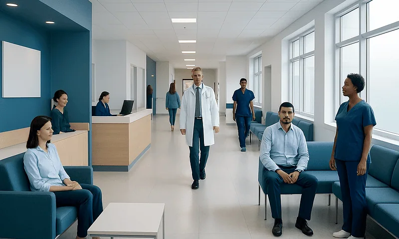 Medical staff and patients in a modern hospital corridor.