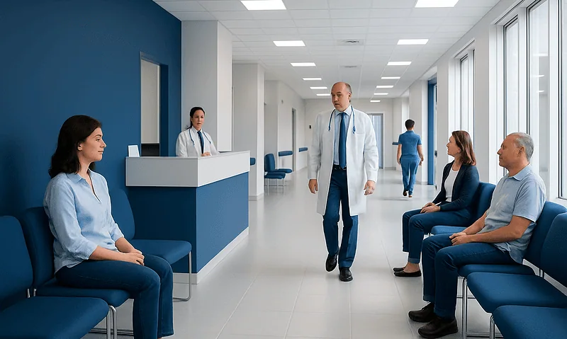 Patients waiting in a hospital corridor with medical staff present.