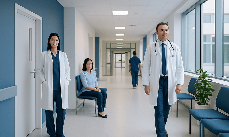 Medical professionals in a hospital corridor with patients and large windows.