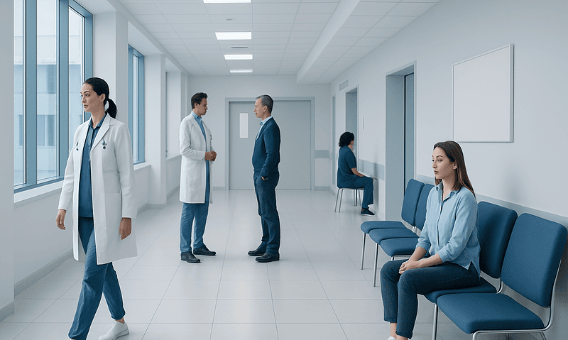 Medical professionals and patients in a modern hospital corridor.