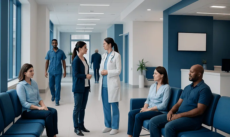 Medical team consulting with patients in a modern hospital corridor.