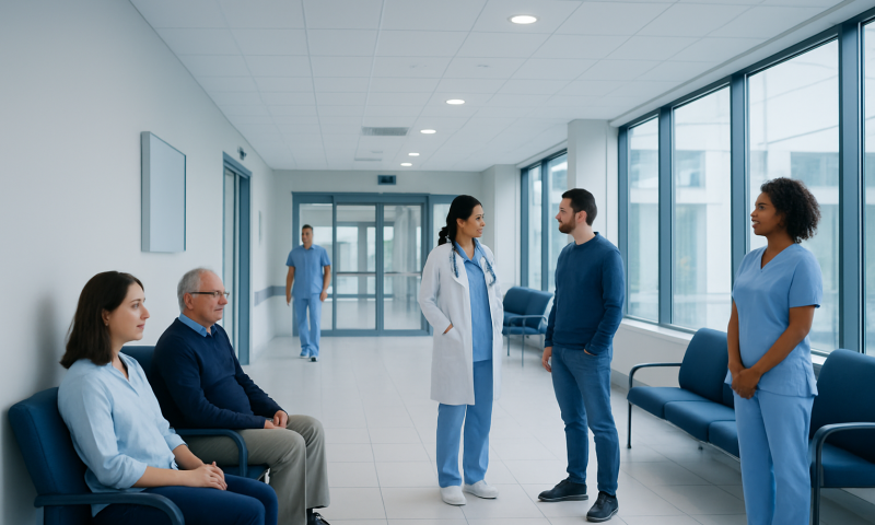 Medical consultation in hospital corridor with healthcare professionals and patients.