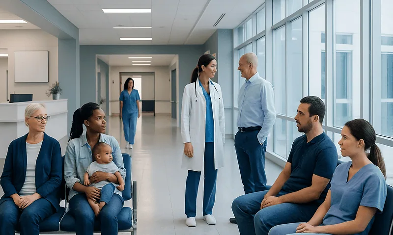 Hospital waiting area with healthcare professionals and patients.