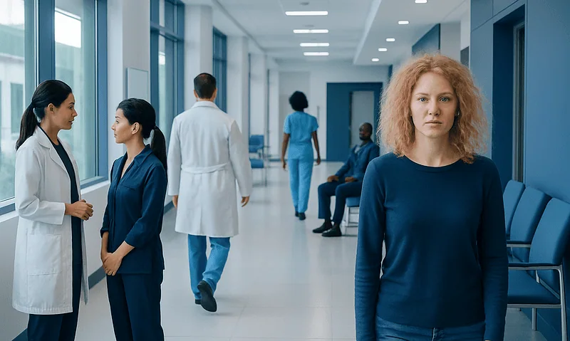 Young woman waiting in hospital corridor at Acibadem Hospitals Group.