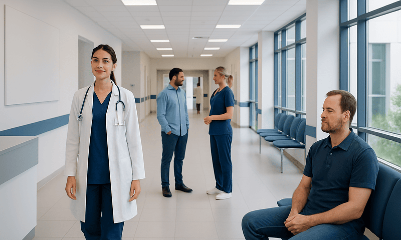 Medical professionals and patients in a hospital corridor at Acibadem Hospitals Group.