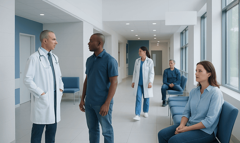 Medical professionals and patients in a hospital corridor at Acibadem Hospitals Group.