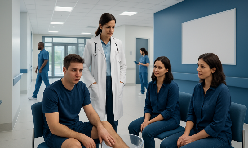 Medical team examining patient in hospital corridor with doctors and nurses.