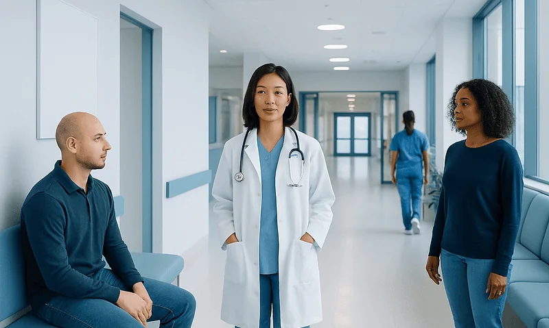 Medical consultation in a hospital corridor with doctor and patients.