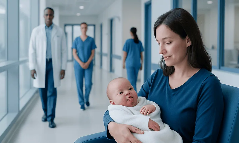 Mother holding a newborn baby in a hospital corridor with medical staff in background.