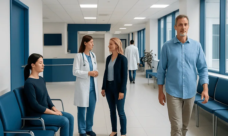 Medical staff and patients in a modern hospital corridor.