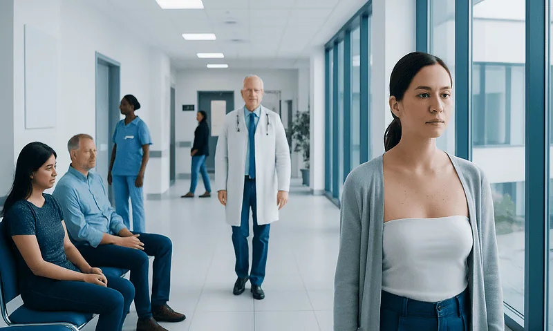 Patient waiting in hospital corridor with medical staff nearby.